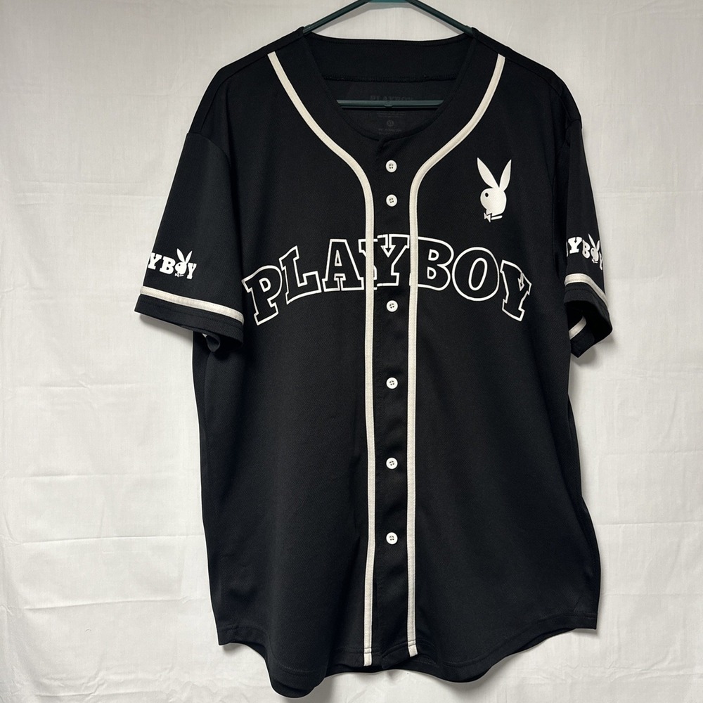 Playboy 53 Baseball Jersey Button Up Shirt Black/White Mens Size XL Short Sleeve